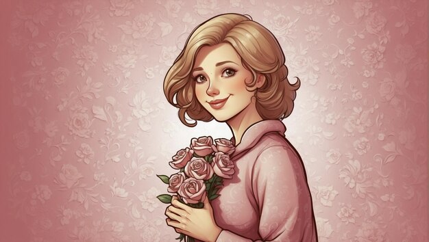 happy mothers daywoman with flowera portrait of a woman holding a bouquet of roses