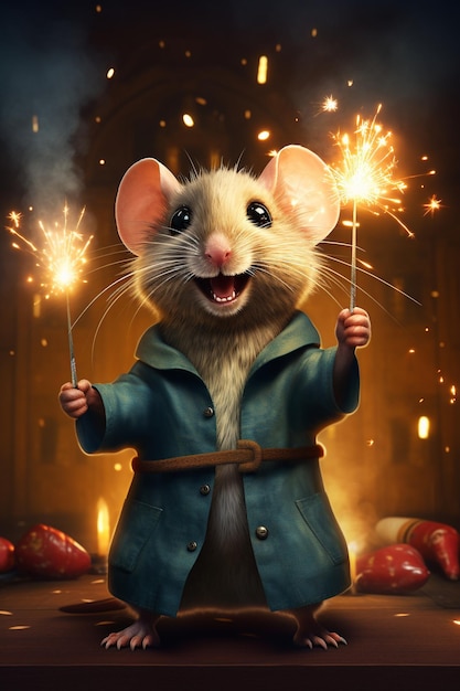 happy mouse celebrating new year eve with sparklers and fireworks