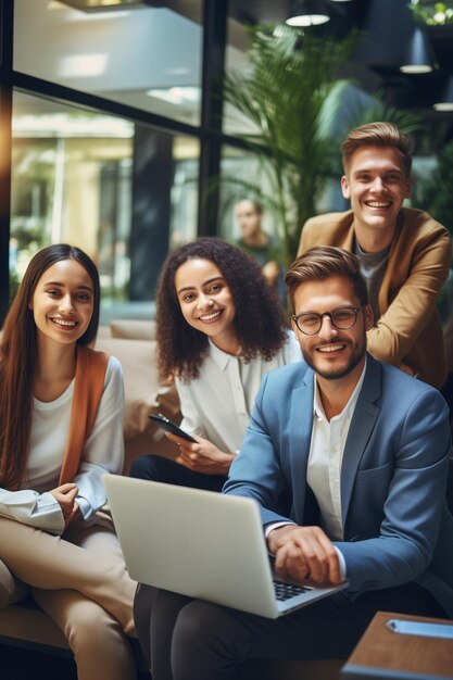 Happy multicultural business people smiling while sitting together in a coworking space