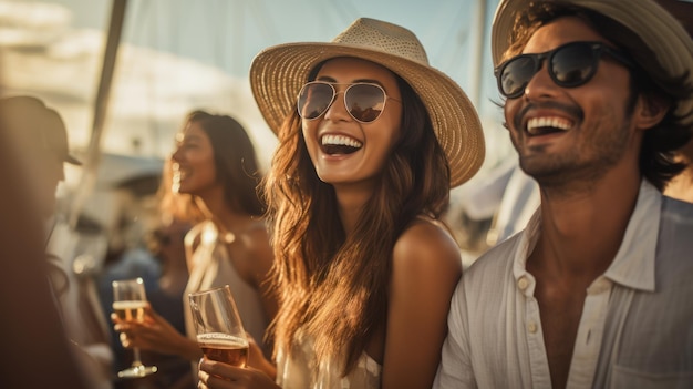 Happy multiethnic friends cheering with wine at boat party