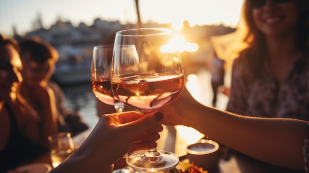 Счастливые многонациональные друзья болеют вином на вечеринке на лодке