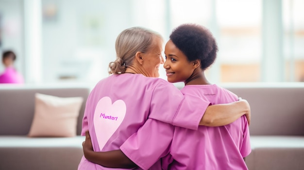 Photo happy multigeneratinal women with pink ribbons in anticancer campaign