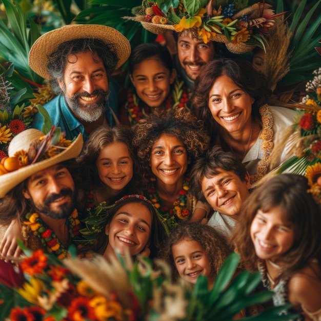 Photo happy multigenerational family wearing straw hats and flower leis