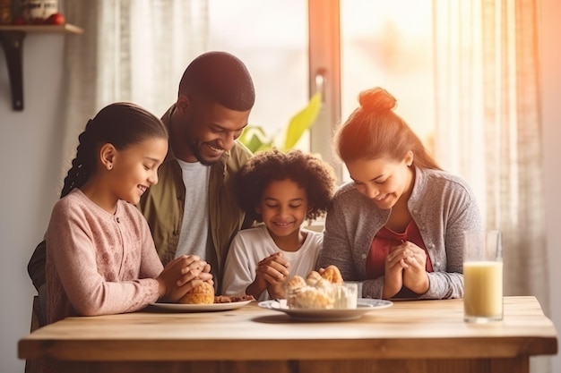 Happy multiracial family couple with children pray together before having morning breakfast at home together Multiethnic parents with mixed race kids hold hands say prayer sit at kitchen table