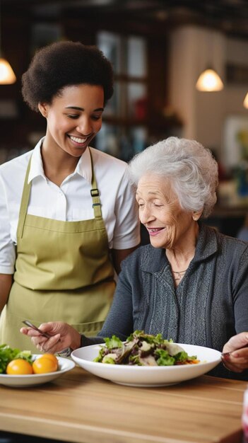 happy multiracial social worker serving lunch to smiling senior woman with grey hair