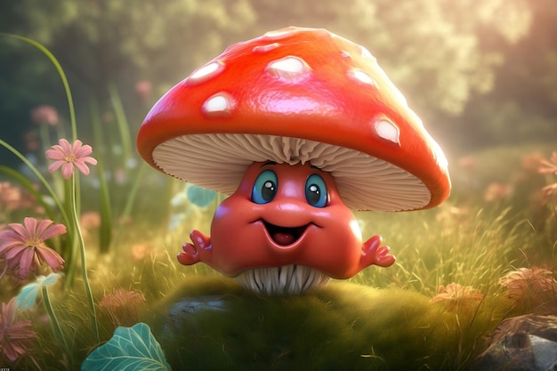 Счастливый грибной мультипликационный персонаж AI