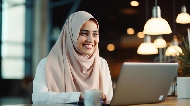 A happy muslim businesswoman in hijab at office workplace Smiling Arabic woman working on laptop in a modern office