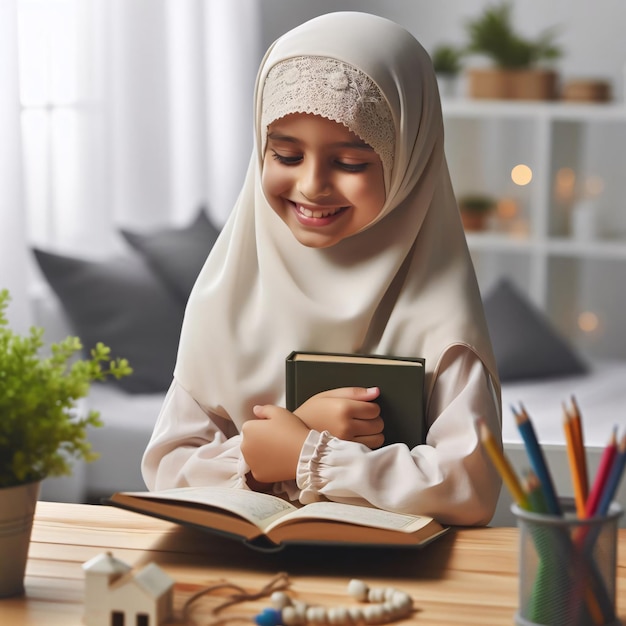 Photo happy muslim child opening book medium shot