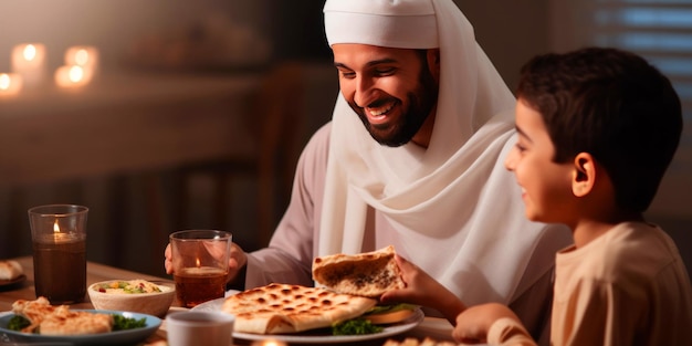 写真 テーブルで幸せなイスラム教徒の家族