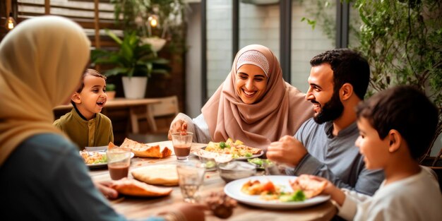 写真 テーブルで幸せなイスラム教徒の家族