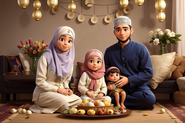Счастливая мусульманская семья празднует Ид Аль-Адха Праздник жертвоприношения Курбан-Байрам