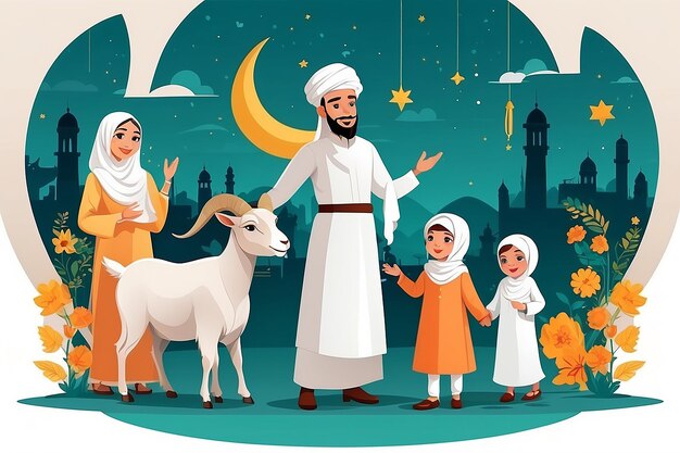 Happy Muslim family celebrates Eid Al Adha Mubarak with a goat Flat vector template