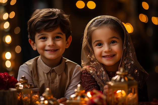 Happy Muslim family enjoys while talking during dinner at dining table