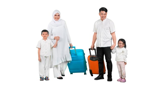 Happy muslim family father mother son daughter with suitcases