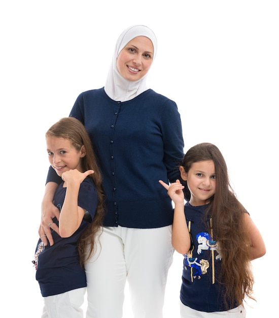 A Happy Muslim Female Family, Mother and Her Daughters