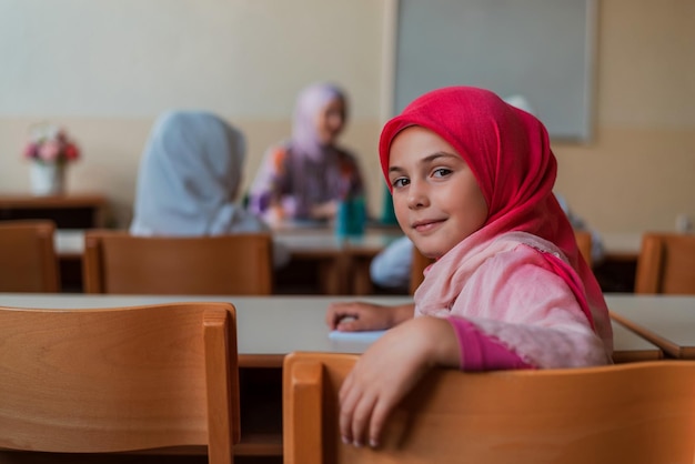 happy muslim girl sitting at school desk during the class in the classroom