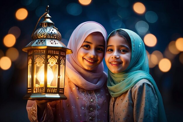 Happy Muslim Girls with Ramadan Lantern on Defocused Night Lights Background