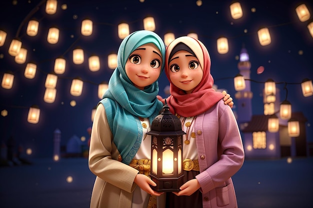 Happy Muslim Girls with Ramadan Lantern on Defocused Night Lights Background