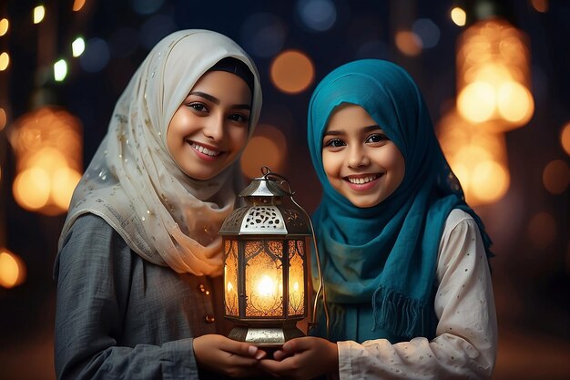 Happy Muslim Girls with Ramadan Lantern on Defocused Night Lights Background