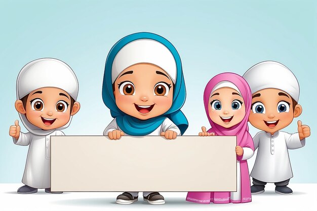 Happy muslim kid cartoon with blank sign