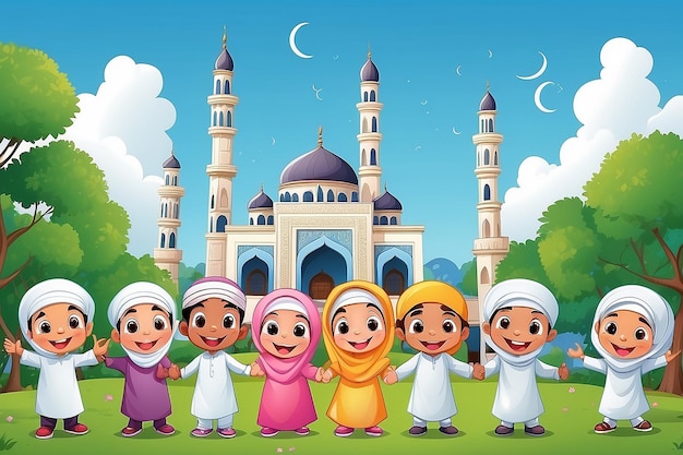 Photo happy muslim kids cartoon in front of a mosque