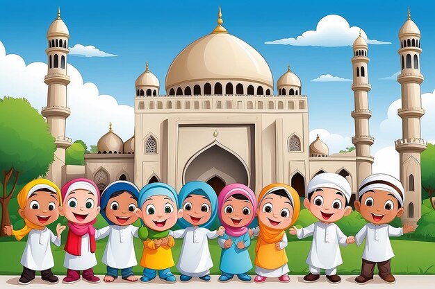 Photo happy muslim kids cartoon in front of a mosque