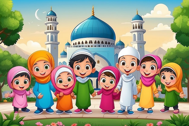 Photo happy muslim kids cartoon in front of a mosque