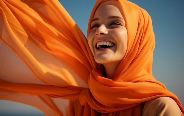 Photo a happy muslim woman wearing a vibrant orange hijab ai