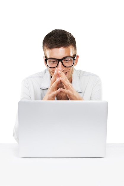 happy nerd business man on laptop at desk or coding software isolated on a white background smile of geek in glasses on computer at table technology or it programmer reading email on database info