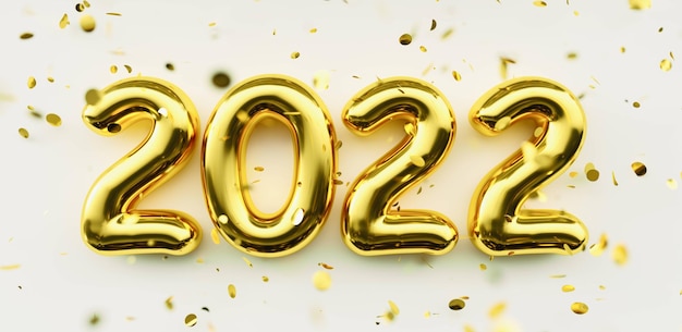 Happy New 2022 Year. 2022 golden numbers and falling glitters confetti on white  background. Gold numbers. Festive poster or banner concept image