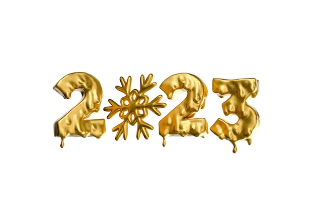 Happy New 2023 Year Holiday 3d illustration of golden metallic numbers 2023 Festive poster or banner