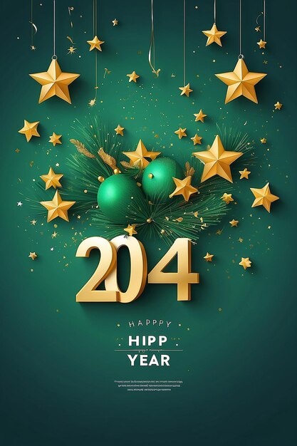 Happy New 2024 Year Stars on green background New Year greeting card banner template