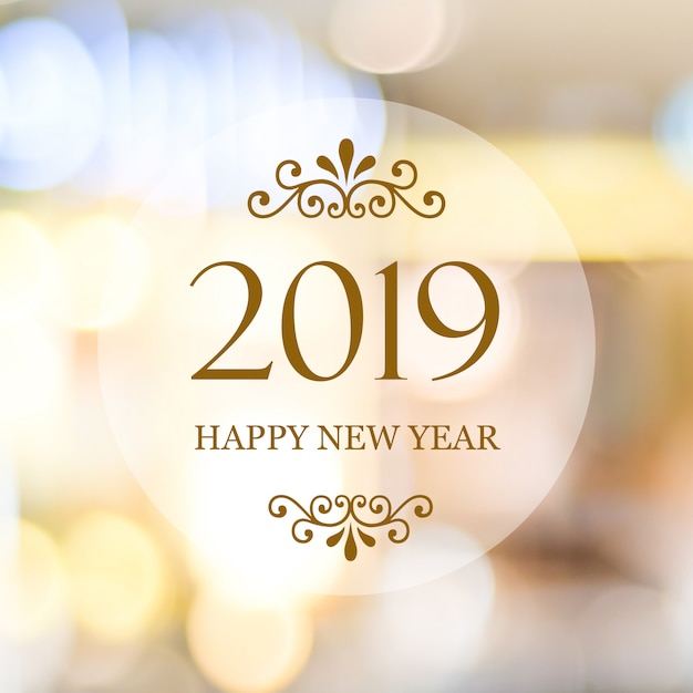 Happy New Year 2019 on blur abstract bokeh background, new year greeting card