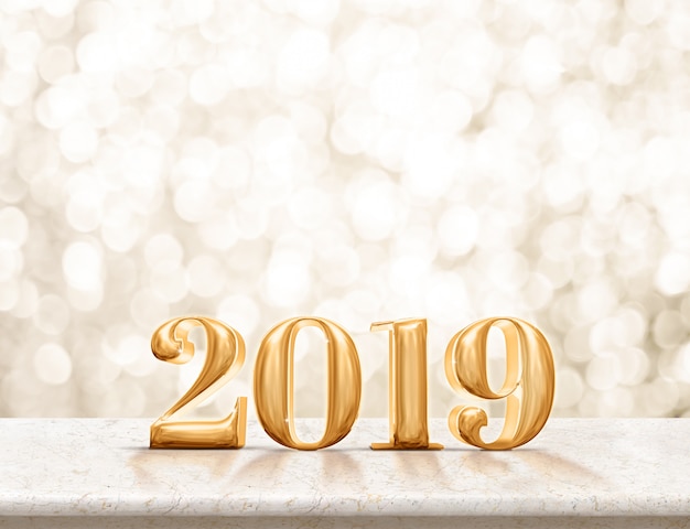 Photo happy new year 2019 gold glossy on marble table with sparkling gold bokeh