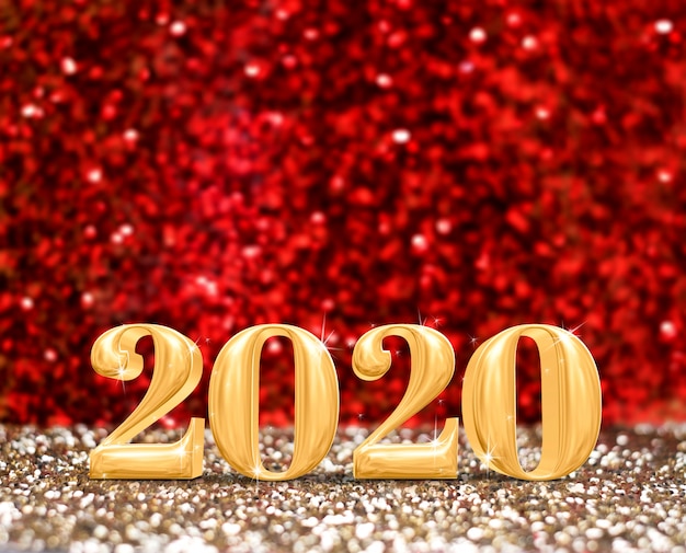 Happy new year 2020 year number at sparkling gold and red glitter 