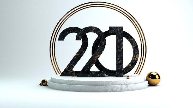 Photo happy new year 2021. big 3d numbers on circular podium