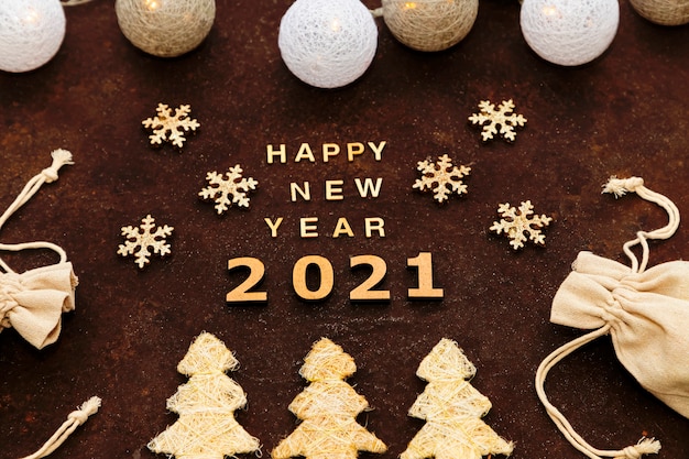 Happy new year 2021 on the chocolate in a handmade style