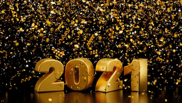 Happy new year 2021 and foil confetti falling on black background 3d render