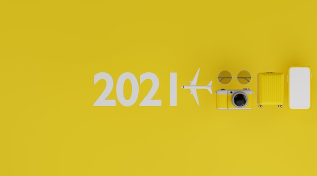 새해 복 많이 받으세요 2021 : 비행기, 카메라, 수하물 및 선글라스가 포함 된 흰색 화면 모바일 모형