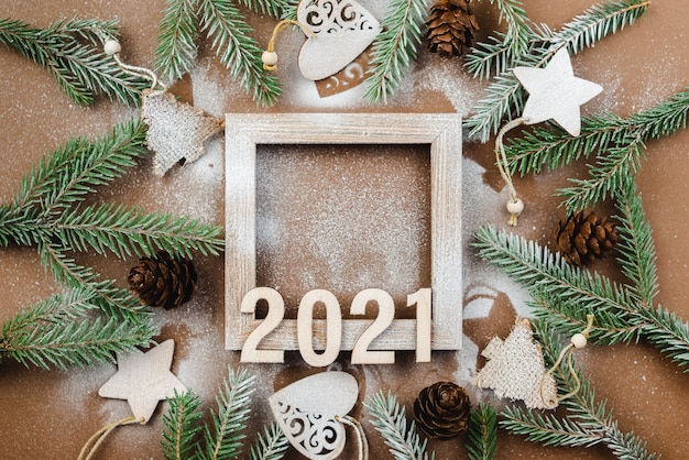 Happy new year 2021 on a wooden background