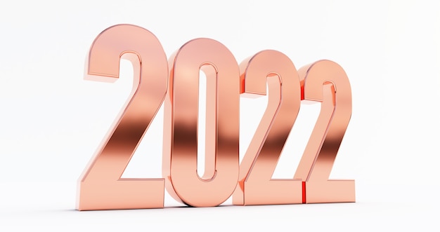 明けましておめでとうございます2022年。白い背景で隔離のブロンズ2022年の3Dレンダリング