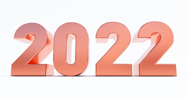 새해 복 많이 받으세요 2022입니다. 흰색 배경에 고립 된 청동 2022 년의 3D 렌더링