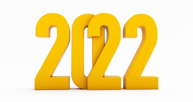 happy new year 2022. 3d render of yellow 2022 year isolated on white background