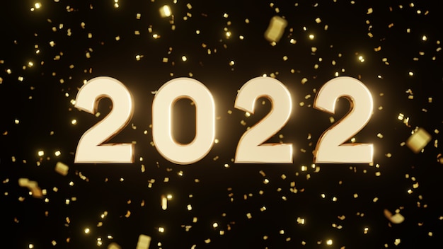 明けましておめでとうございます2022コンセプト。黄金数2022と黒の背景に紙吹雪。 3Dイラストのレンダリング。