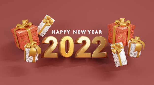 happy new year 2022  gift for happy new year golden 3d numbers with ribbons  3d rendering
