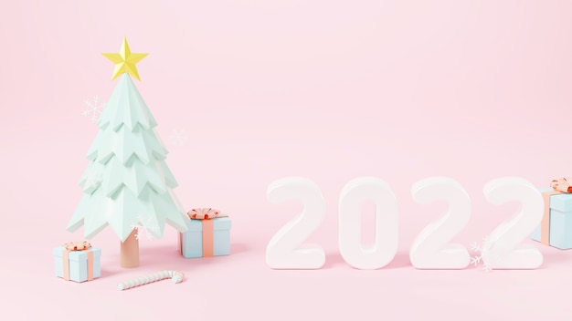 Felice anno nuovo 2022 e buon natale celebrazione biglietto di auguri, albero di natale, confezione regalo e numero 2022 su sfondo rosa, banner web poster, design icona vacanza, illustrazione rendering 3d