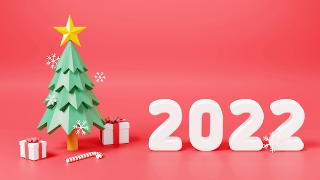 Foto felice anno nuovo 2022 e buon natale celebrazione biglietto di auguri, albero di natale, confezione regalo e numero 2022 su sfondo rosso, banner poster web, design icona vacanza, illustrazione rendering 3d