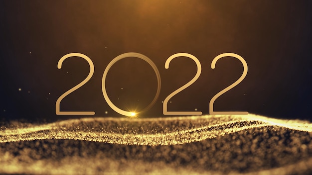 Happy new year 2022 neon background Shiny golden gradient numbers 2022 on glittering and sparkling wave.