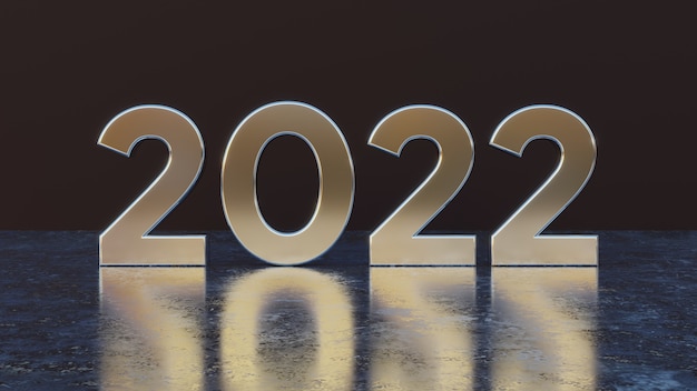 新年あけましておめでとうございます2022年テキスト金属効果グリーティングカードの黒の孤立した背景を持つ3d番号
