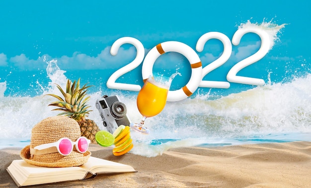 Happy new year 2022 welcome to happiness beach party and travel summer destination concept splashi